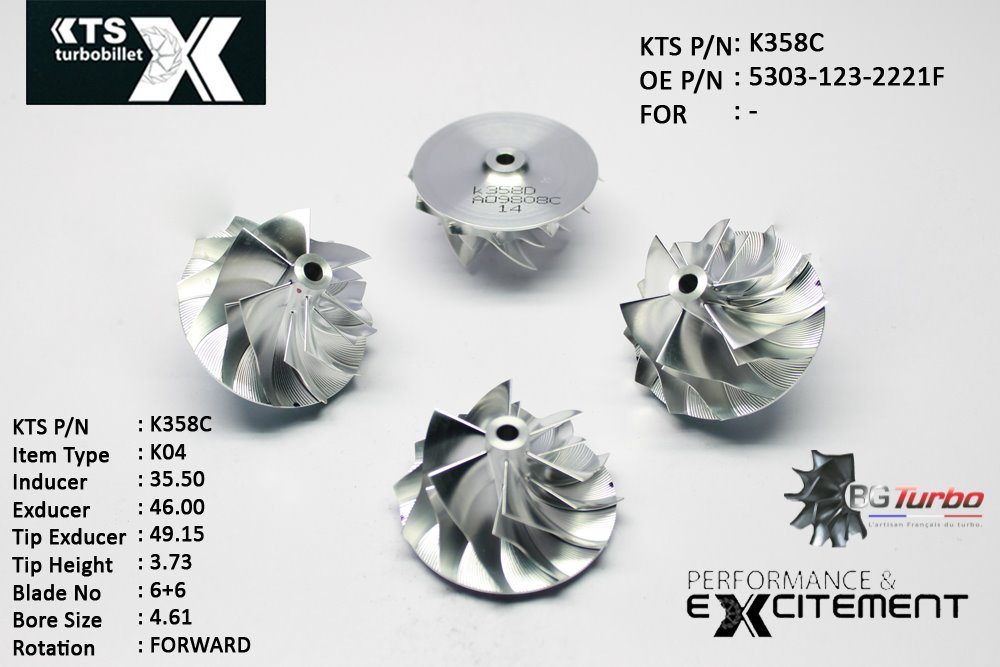 Turbo ROUE FORGÉE MFS PERFORMANCE - 6+6 PALES - INDUCER : 35,5 - EXDUCER : 46 - TYPE : K04ANGLE : 50° - ROTATION : Forward - SUPER BACK : 2,6 - BORE SIZE : 4,61
